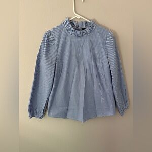 J.Crew Long-Sleeve Ruffleneck Top in Stripe Blue and White Striped Blouse XS